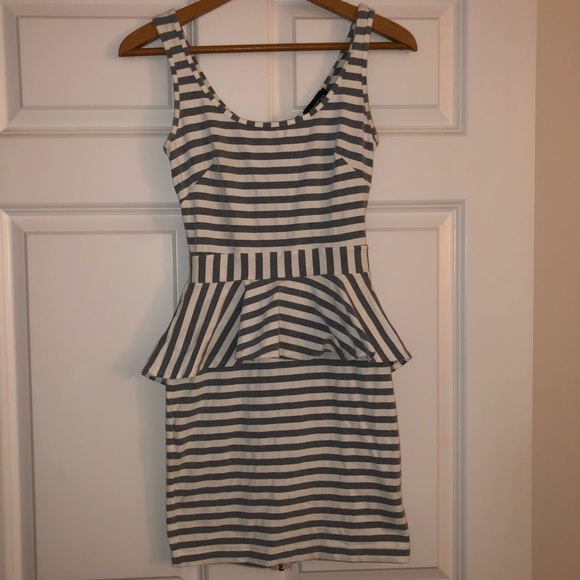 bebe Gray & White stripe mid thigh peplum dress. - Picture 1 of 2